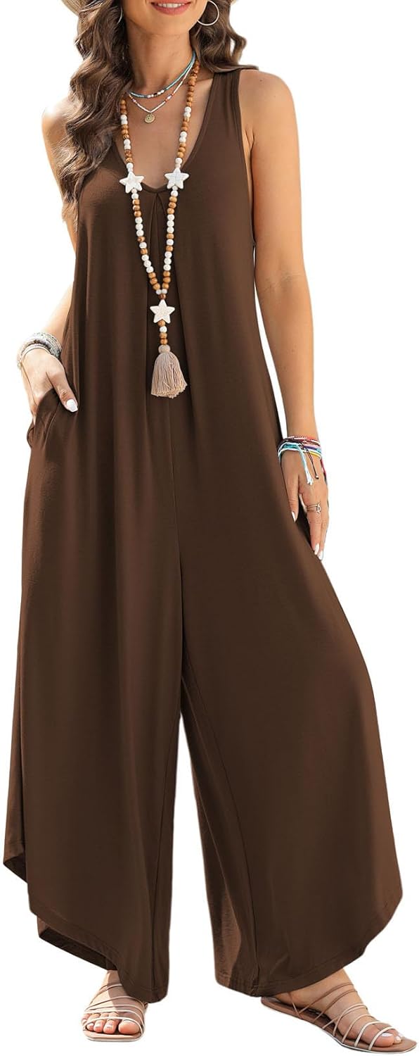 Happy Sailed Womens Overall Jumpsuits Summer Sleeveless Ruched V Neck Flared Wid...