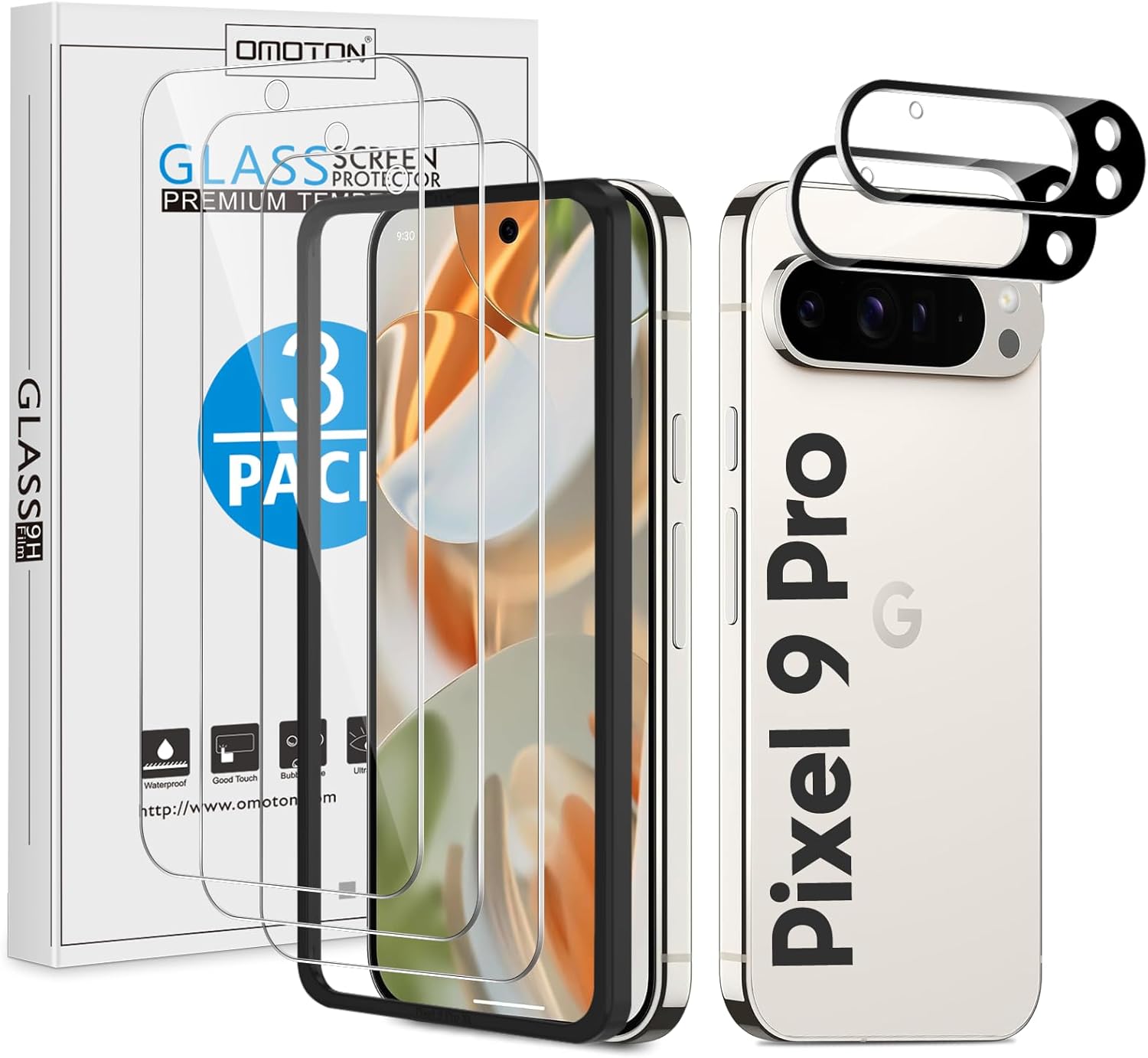 OMOTON 3+2 Pack for Google Pixel 9 Pro Screen Protector, 3 Pack Tempered Glass S...