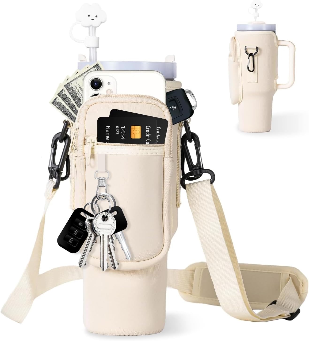 Water Bottle Carrier Bag with Phone Pocket for Stanley 40 oz Tumbler Neoprene Wa...