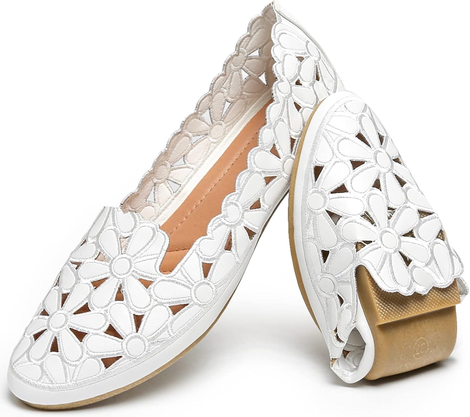 HEAWISH Women's Floral Ballet Flats for Women Black Beige Slip On Flowers PU Lea...