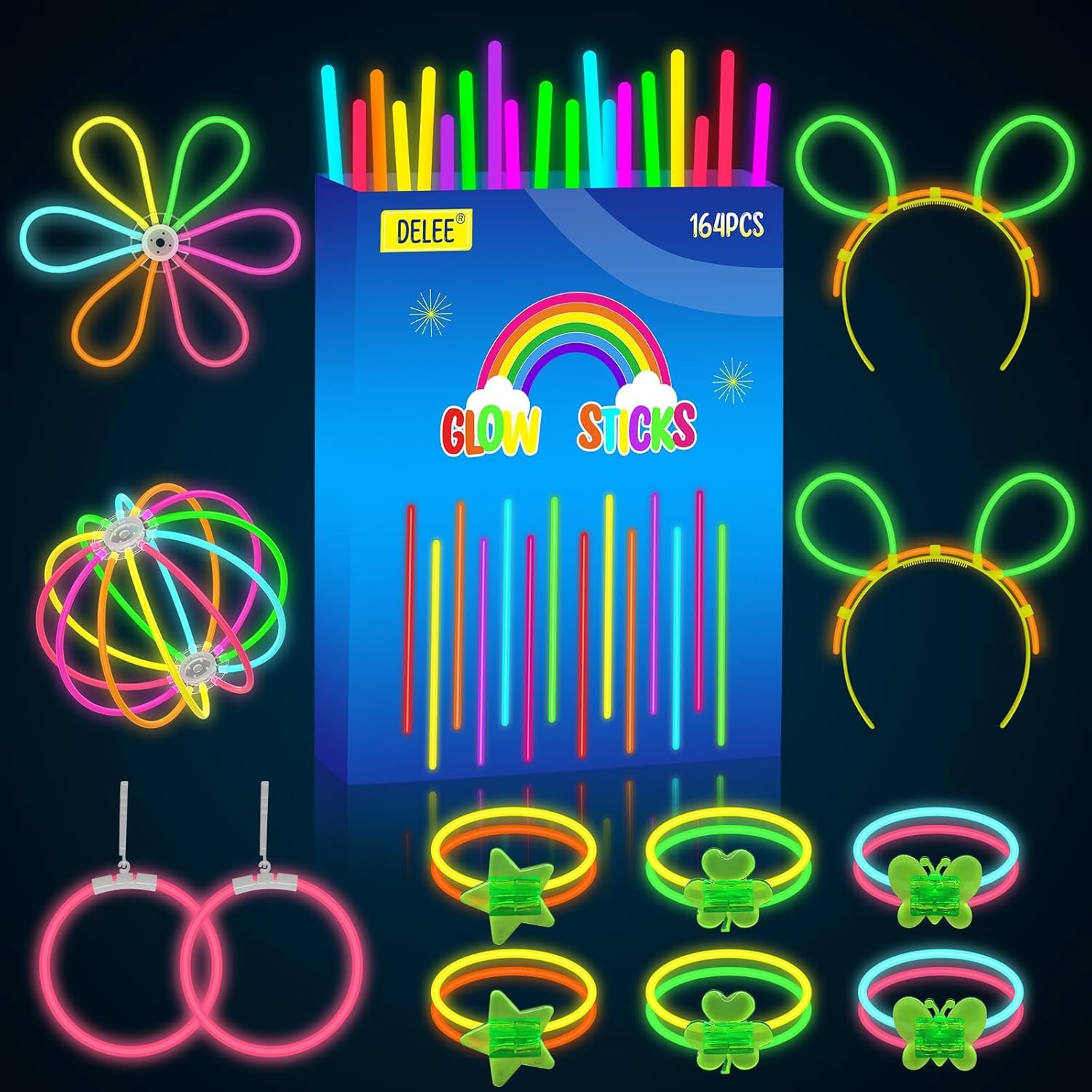 DELEE 164PCS Glow Sticks, Glowsticks Party Pack,Glow in Dark Party Supplies,with...