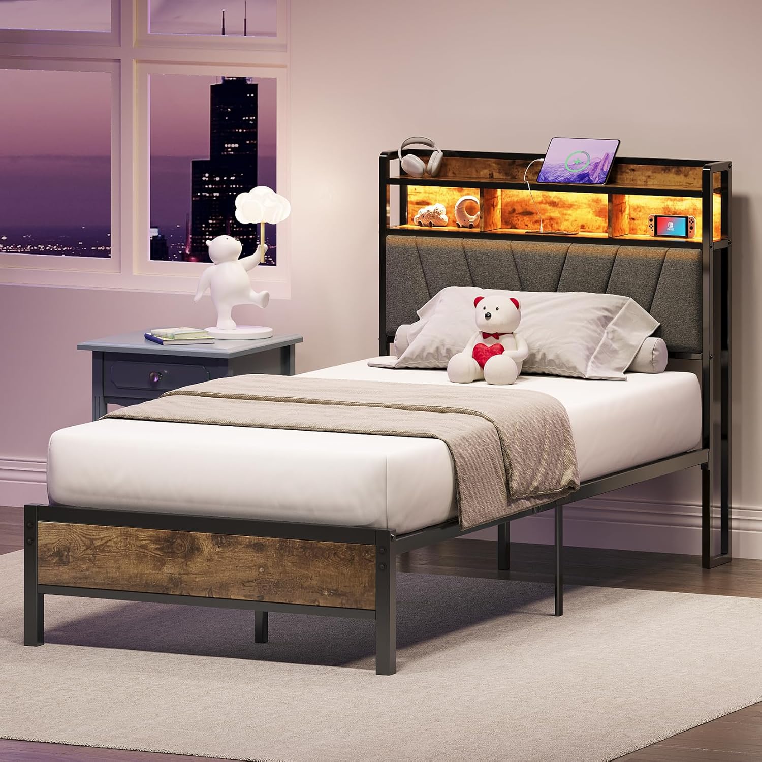 Twin Bed Frames with Headboard, LED Lights Bed Frames with Charging Station, Stu...