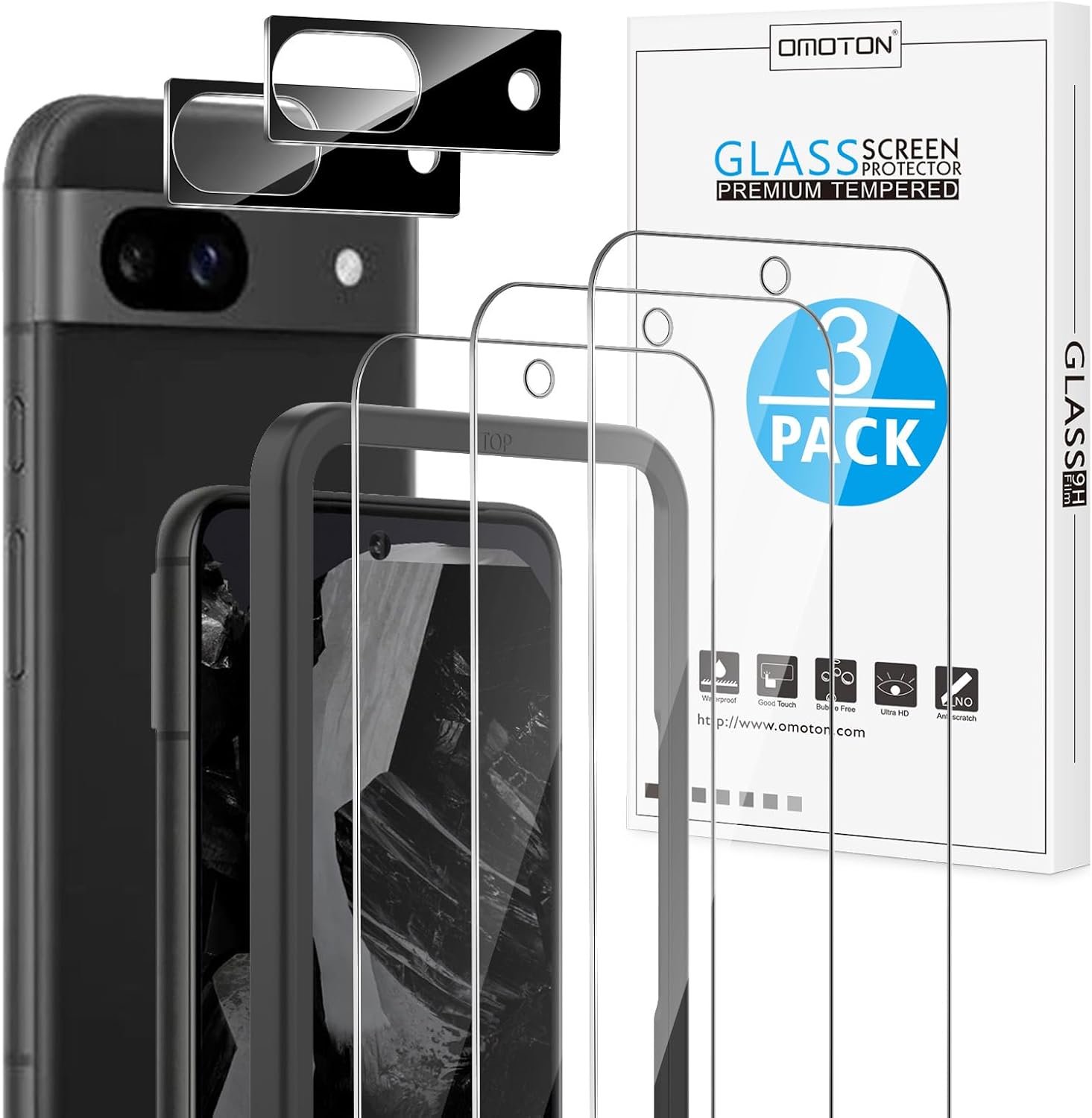 OMOTON 3+2 Pack for Google Pixel 8a Screen Protector, 3 Pack Tempered Glass Scre...