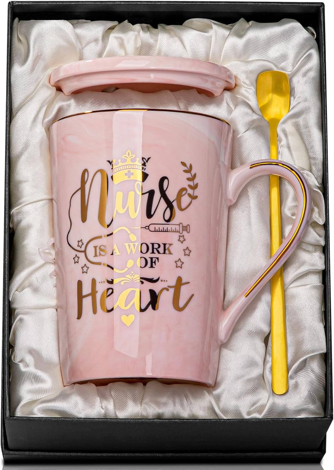 Best Nurse Gifts for Women, Nurse is a Work of Heart - 14oz Gold Printed Pink Ce...