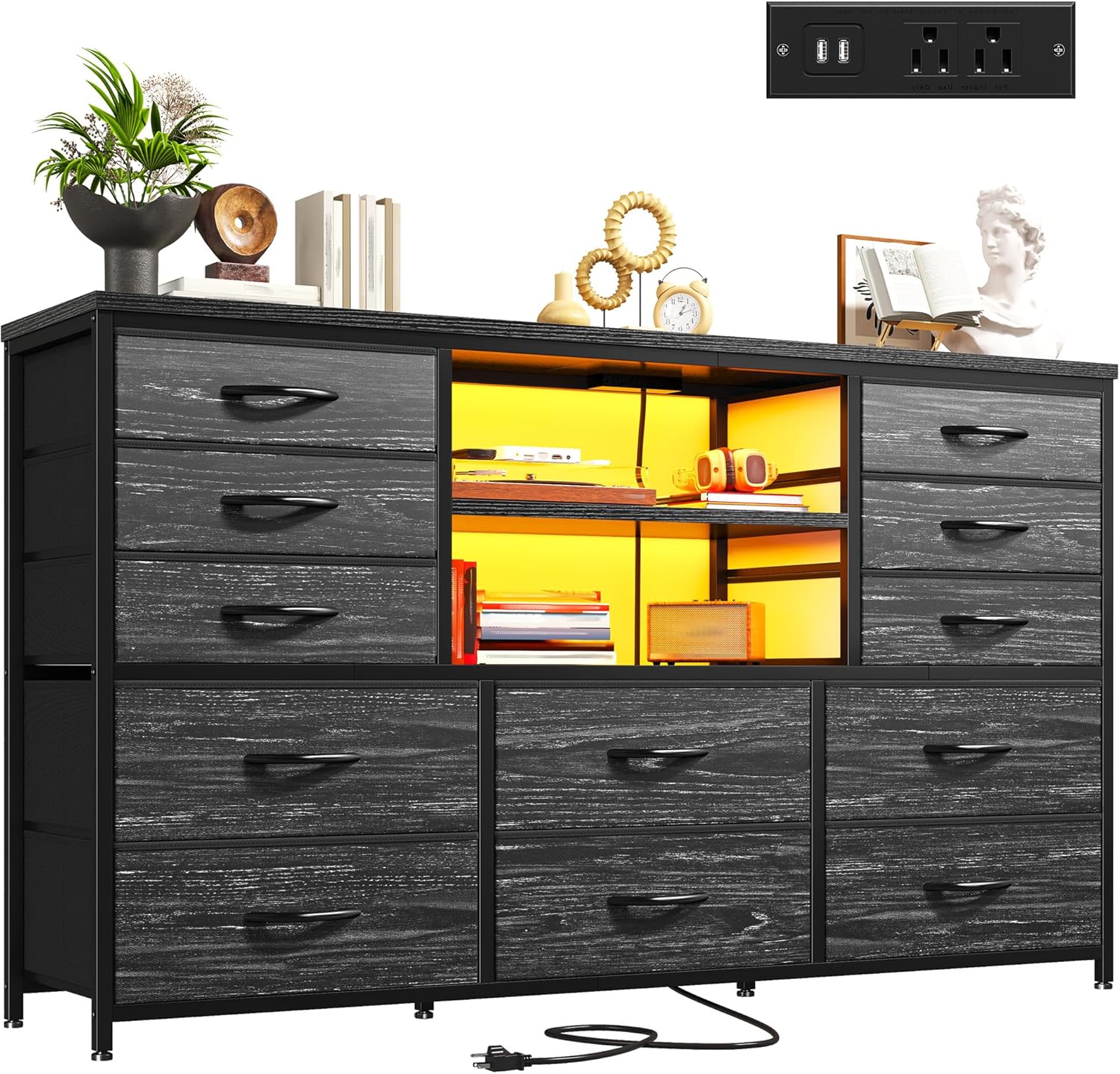 EnHomee Black Dresser with LED Lights & Power Outlets, 12 Drawers Dresser TV Sta...