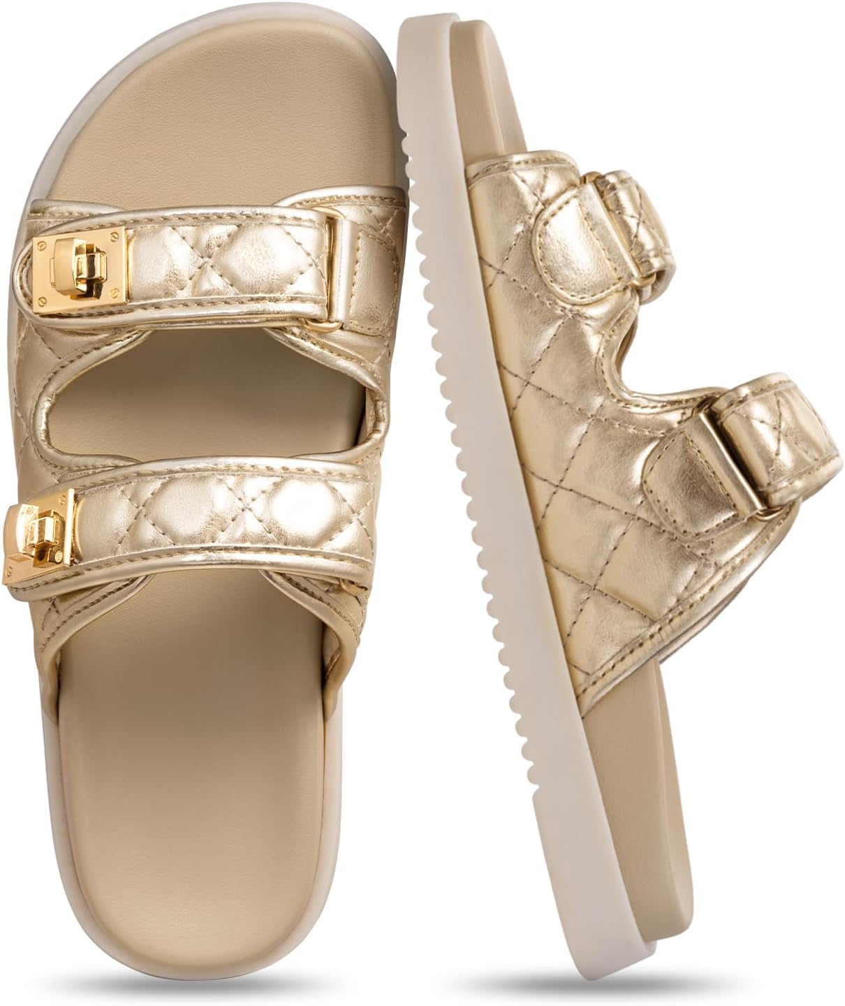 FITORY Women's Flat Sandals Classic Adjustable Double Strap with Cushioned Footb...