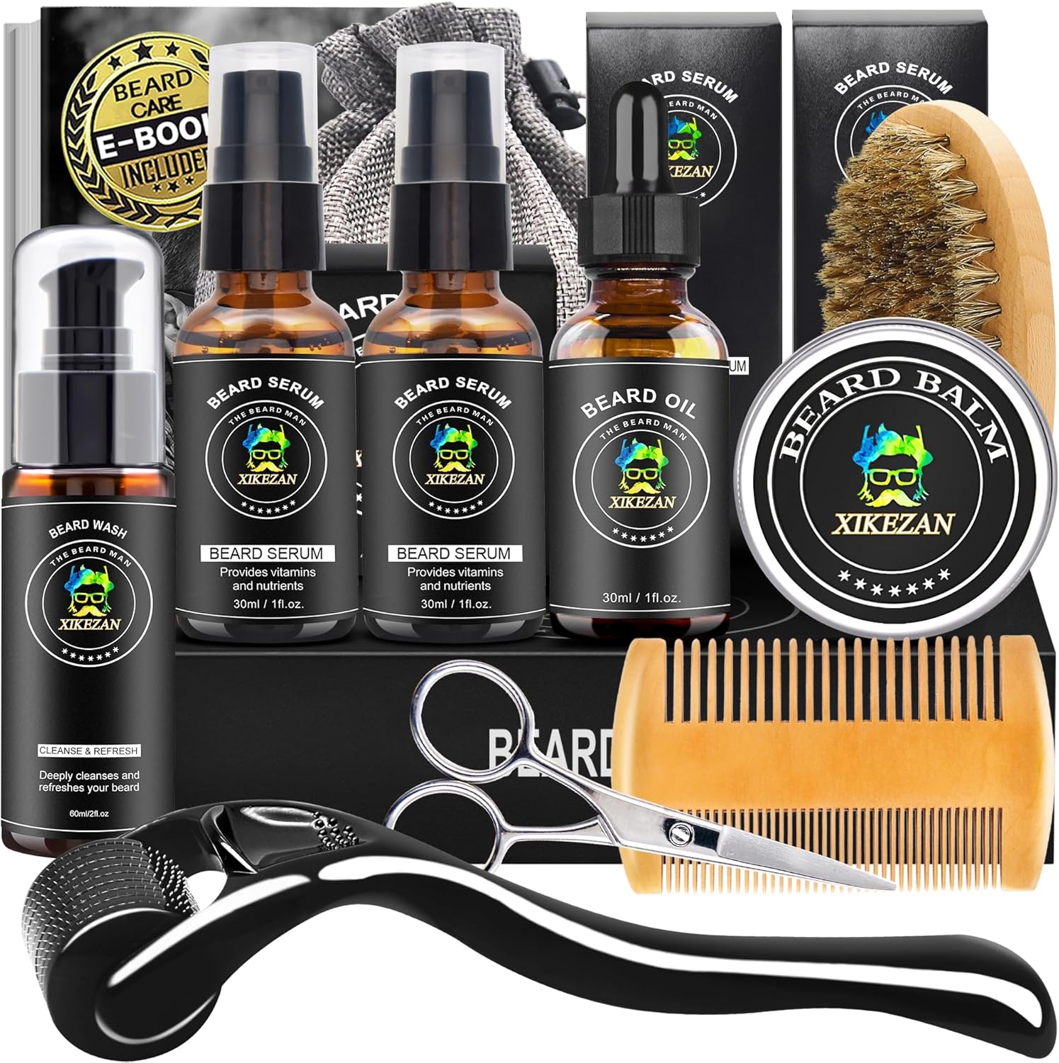 Beard Growth Kit w/Beard Wash,2 Pack Beard Serum,Beard Oil,Beard Balm,Comb,Brush...
