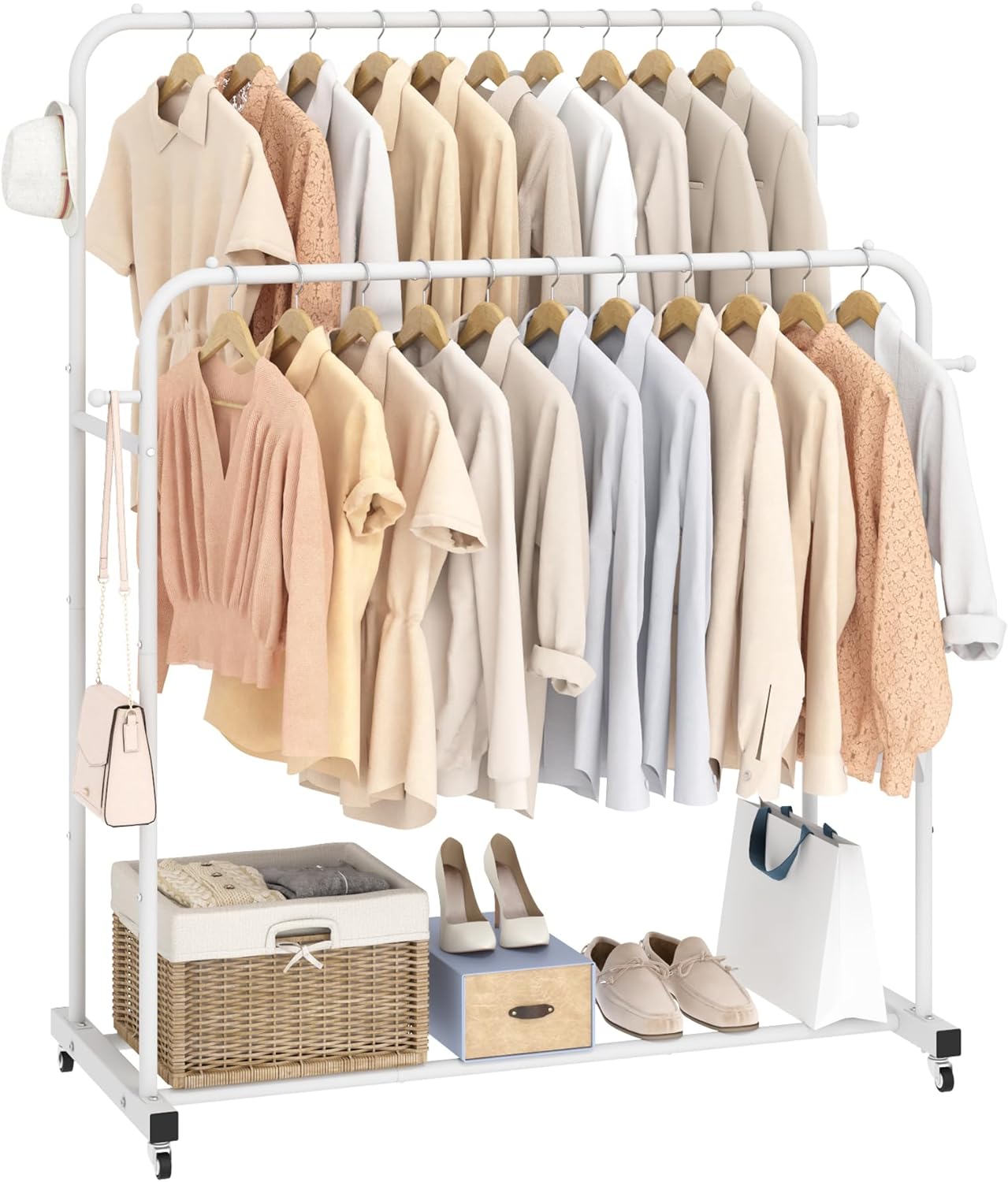 Laiensia Double Rods Garment Rack with Wheels, Clothing Rack for Hanging Clothes...