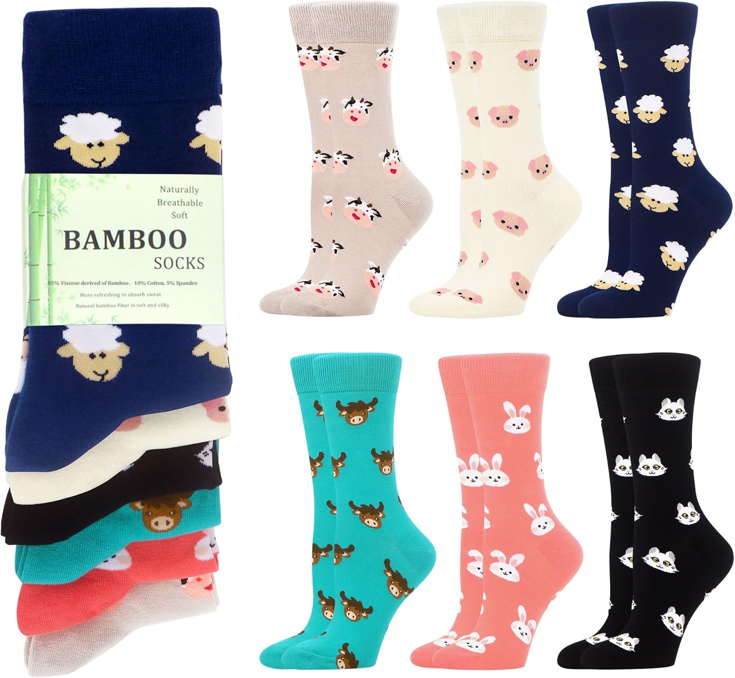 WeciBor Women's Bamboo Breathable Soft Seamless Crew Socks 6 Pack 6-9 Black/Blue...