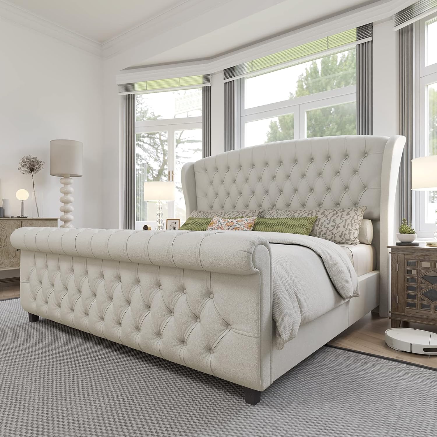 AMERLIFE King Size Platform Bed Frame, Chenille Upholstered Sleigh Bed with Scro...