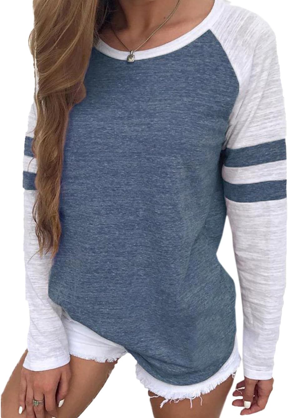 Famulily Women's Long Sleeve Baseball Tee Shirt Crew Neck Striped Tops XXL Blue