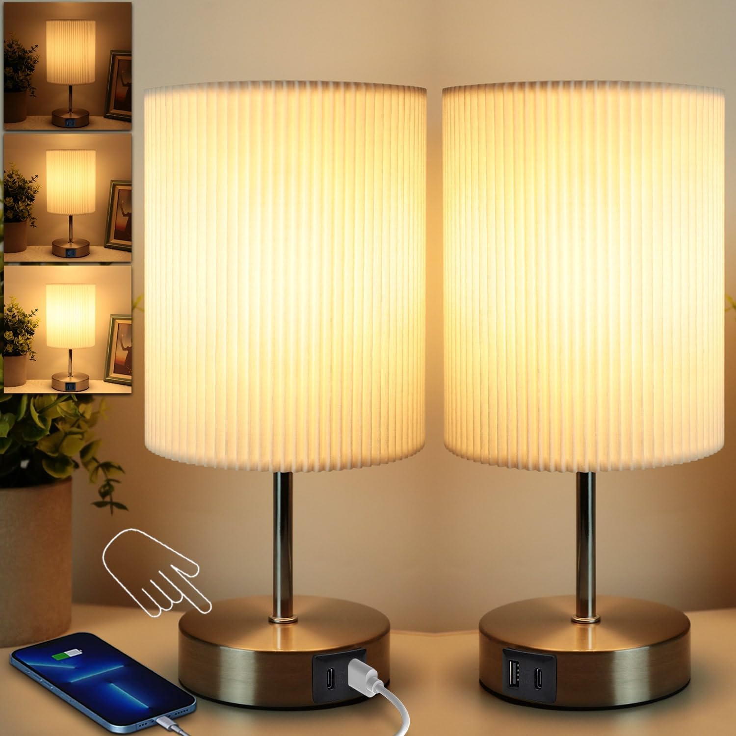 HSLighting Bedside Lamps, Touch Control Table Lamp with Metal Base 3-Way Brightn...