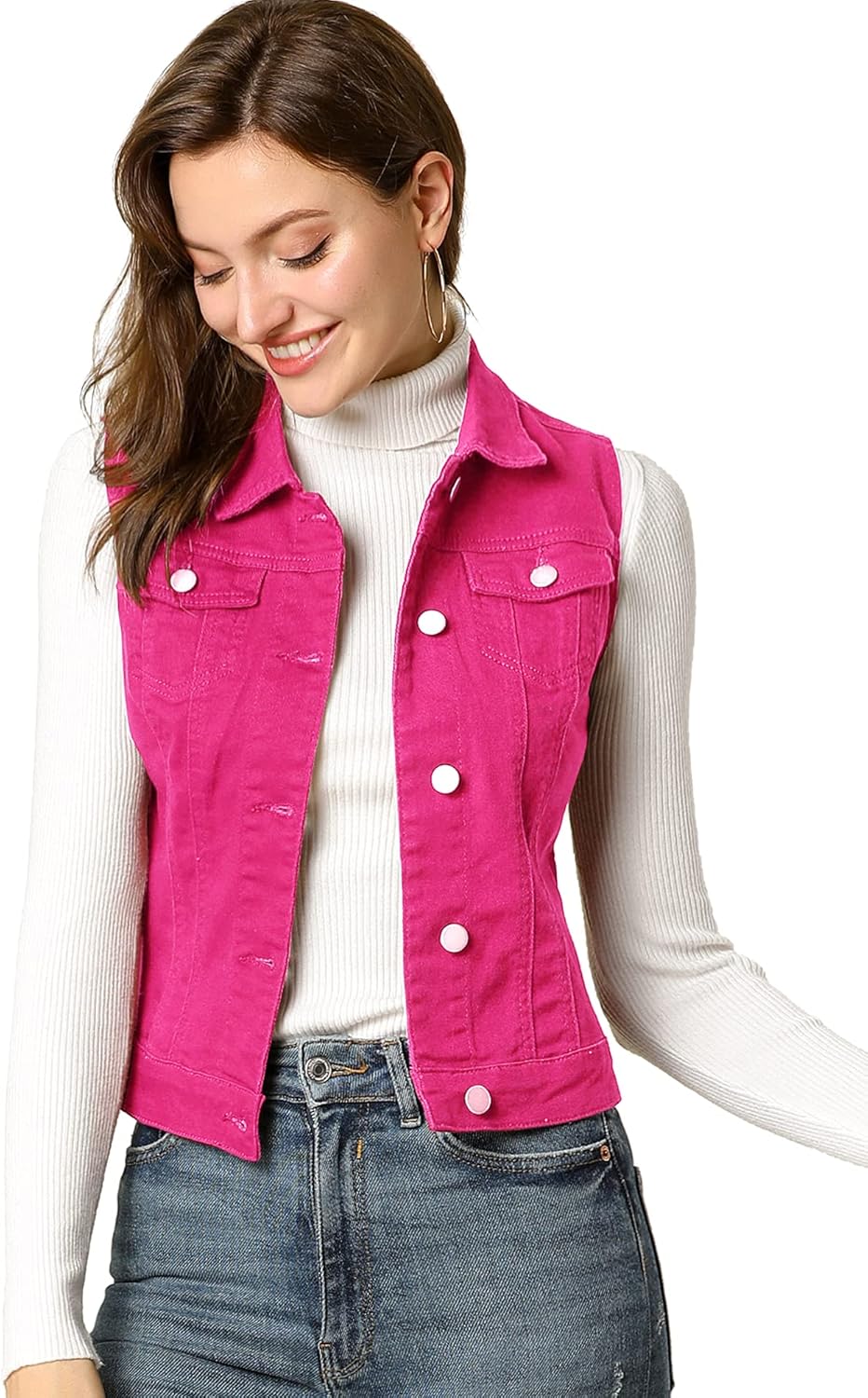 Allegra K Women's Buttoned Washed Denim Vest Jacket W Chest Flap Pockets 3X-Larg...