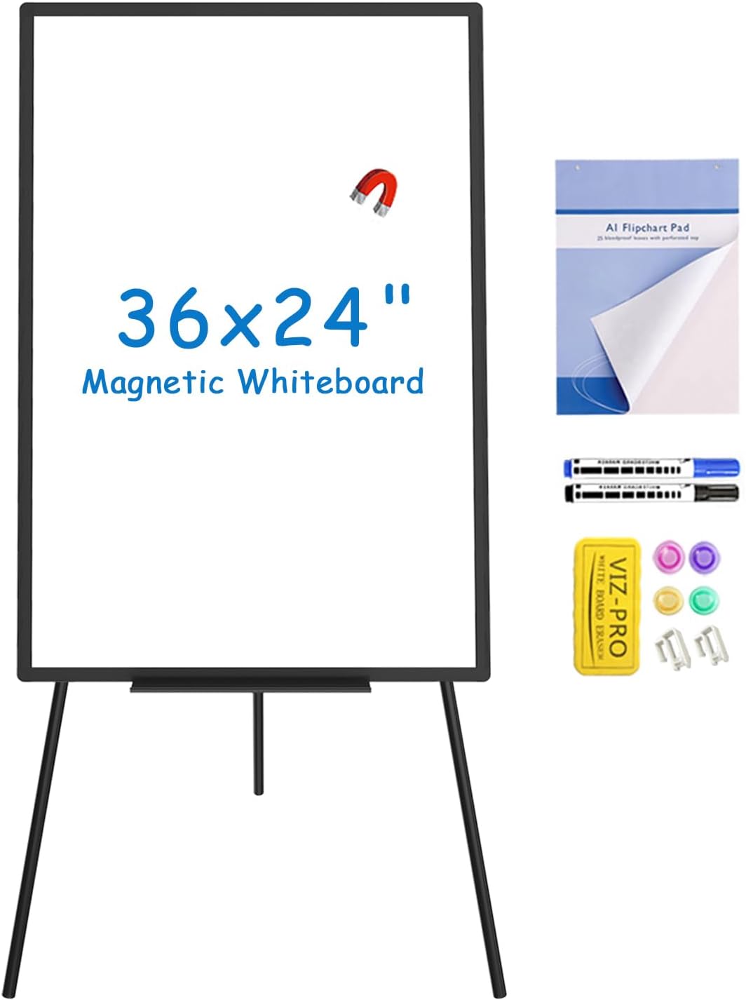 VIZ-PRO Magnetic Whiteboard Easel Black, 90 x 60 cm, Portable Dry Erase Board He...