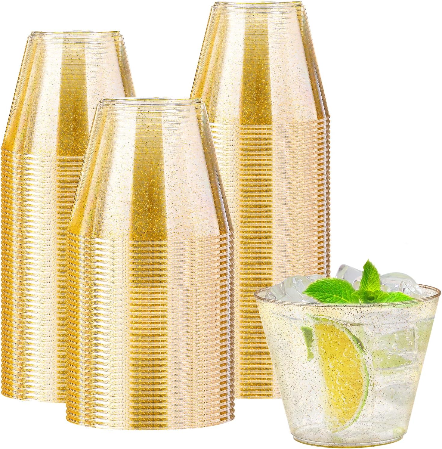 Lamosi 100 Pack 9 oz Gold Plastic Cups, Disposable Gold Glitter Plastic Cups, Fa...