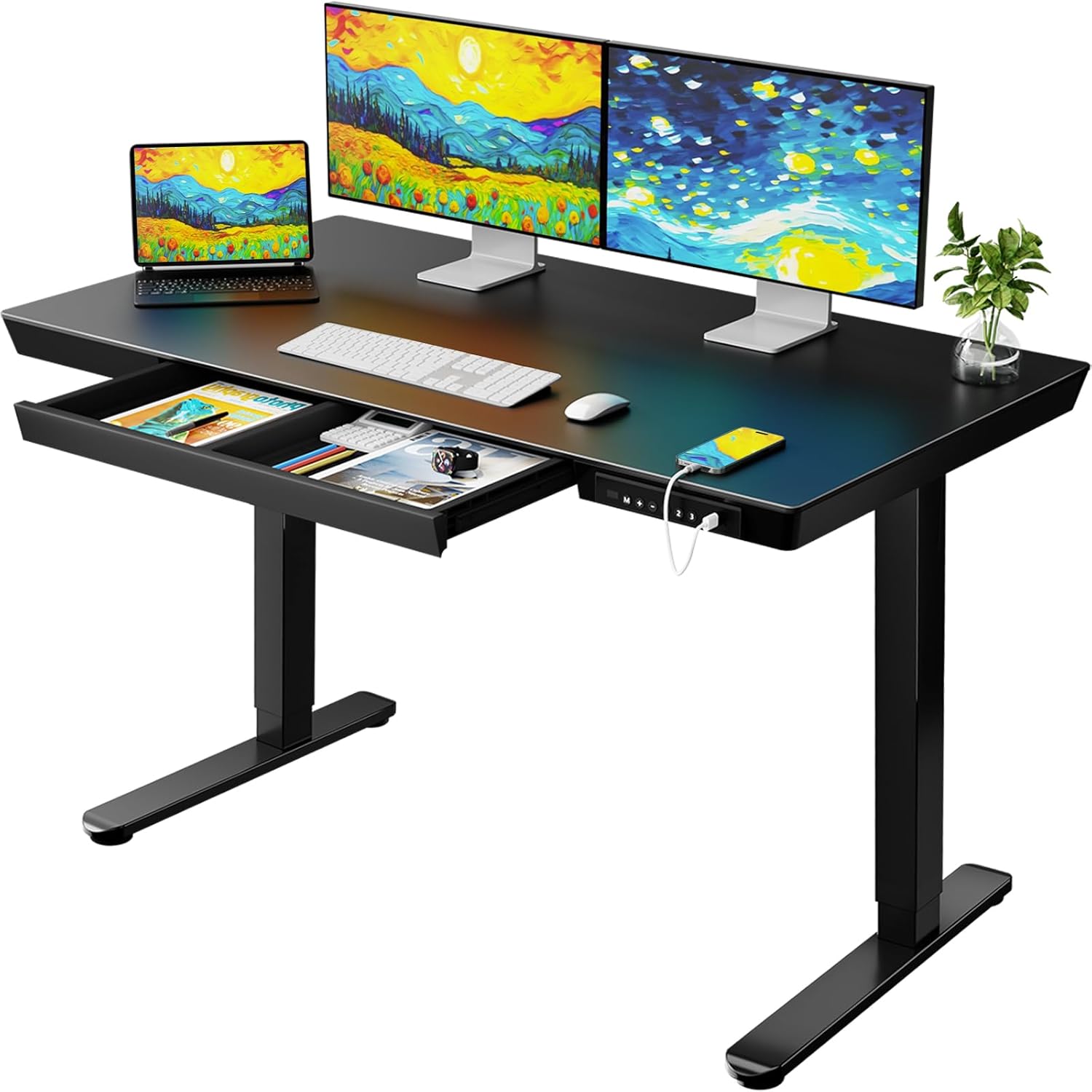ErGear 48" x 24" Glass Whole Piece Desktop Electric Standing Desk with Drawers &...
