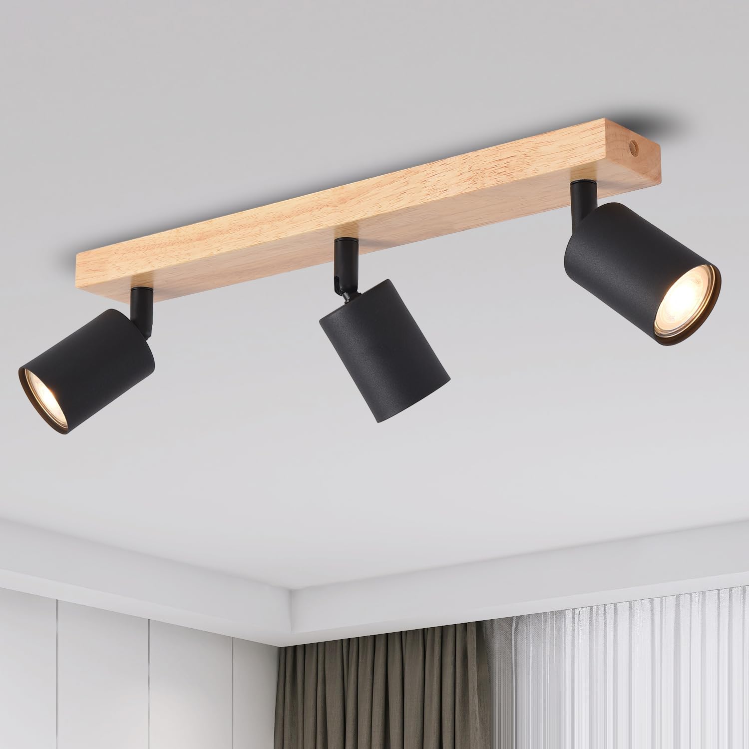 ANWIO Wood Black Ceiling Light Fitting,3 Way Spot Light Ceiling,Bedroom Lights C...