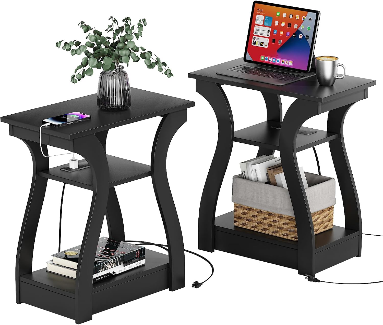 End Table Set of 2 with Charging Station, Side Table with USB Ports and Outlets,...