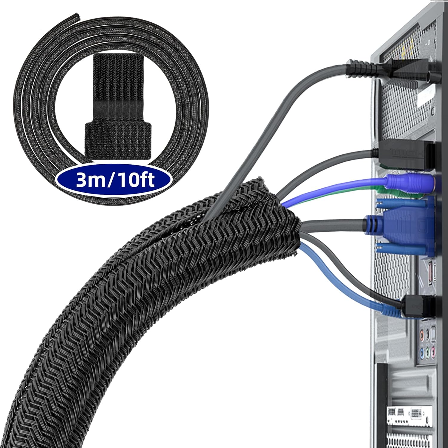 Black Cable Tidy Sleeve(Length 10ft, Diameter 1/2 to 1 Inch Expandable), Braided...