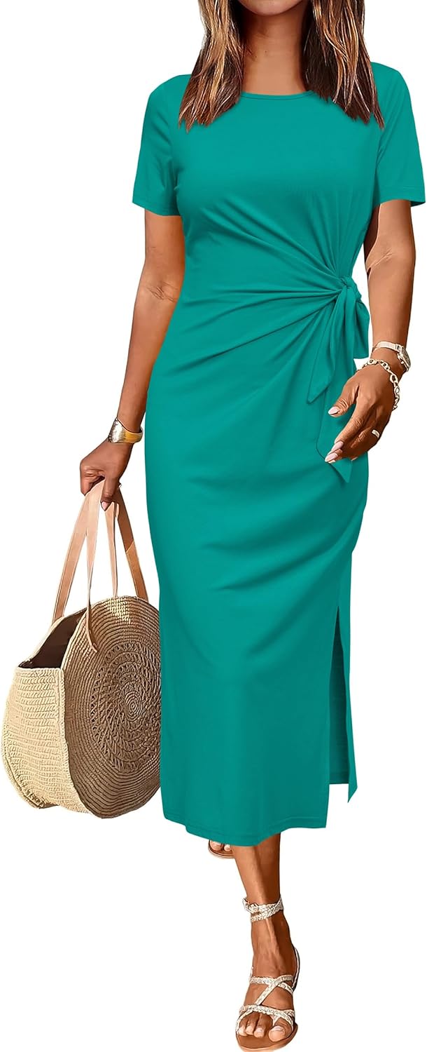 Newshows Women 2025 Summer Casual Dress Tie Waist T Shirt Short Sleeve Spring Cr...