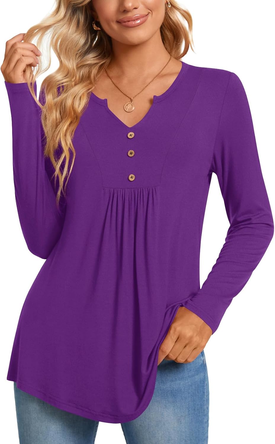 CATHY Womens Long Sleeve Tunic Tops Henley Shirt V-neck Button Down Blouse Casua...