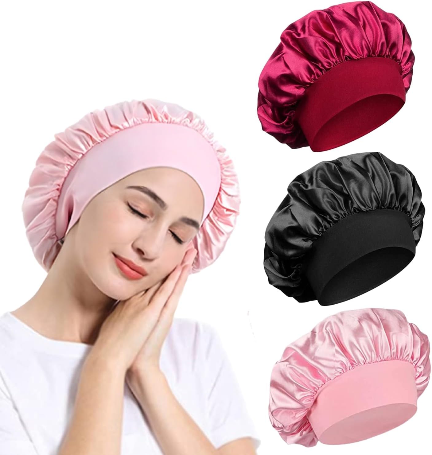 Satin Bonnet, Night Sleep Caps with Wide Elastic Band, Silk Wrap, Soft Head Cove...