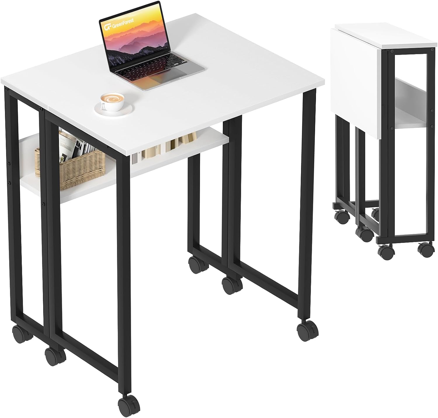 GreenForest Folding Desk Small Rolling Desk with Storage Shelf, 31.5 inch Foldab...