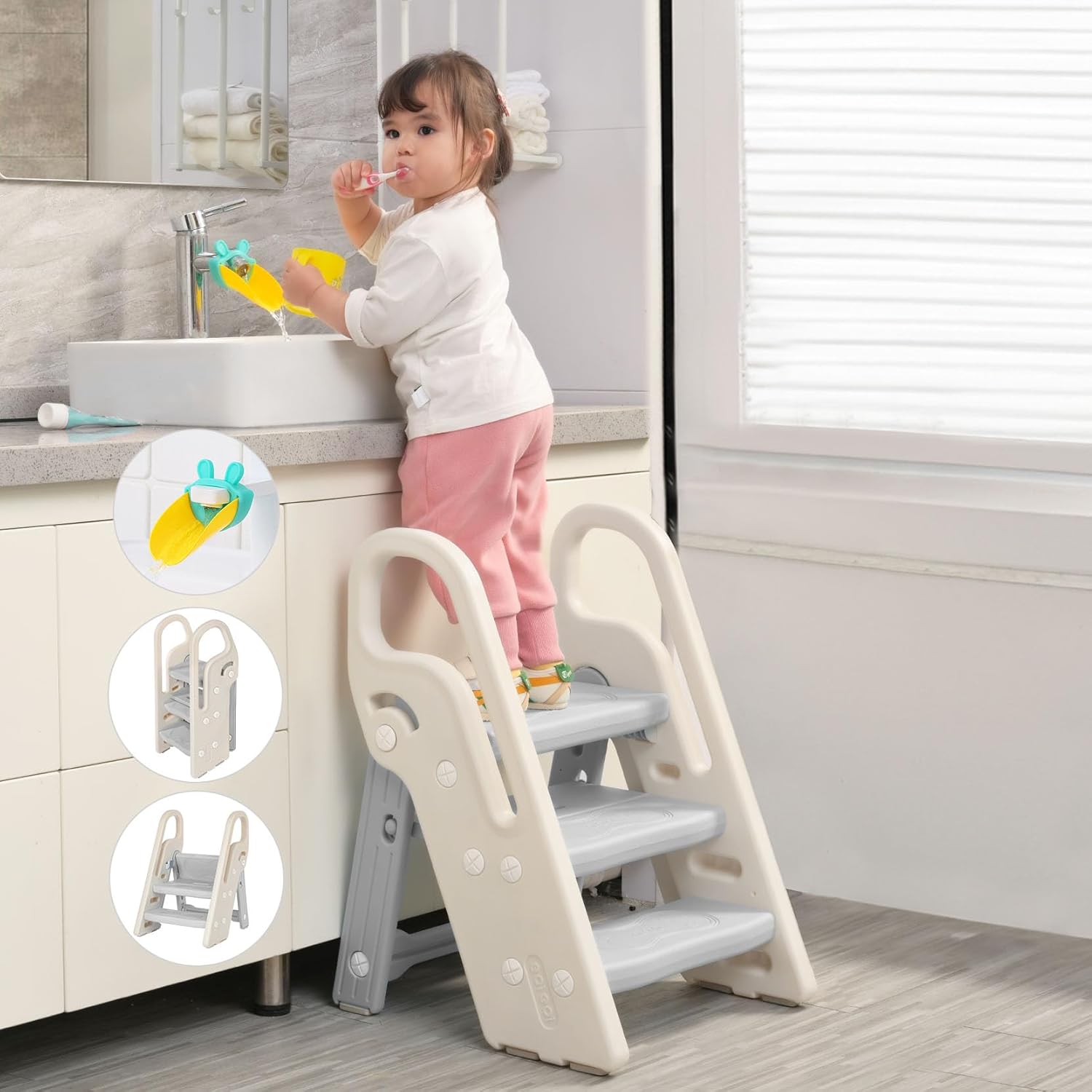 Onasti Foldable Step Stool for Bathroom Sink, Adjustable 3 Step Stool for Kids T...