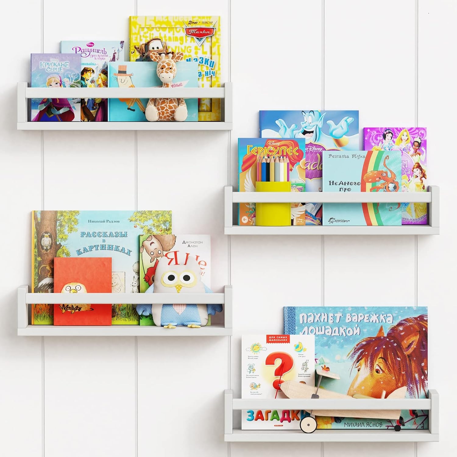 Forbena Floating Nursery Book Shelves for Wall Set of 4, White Wall Bookshelf fo...
