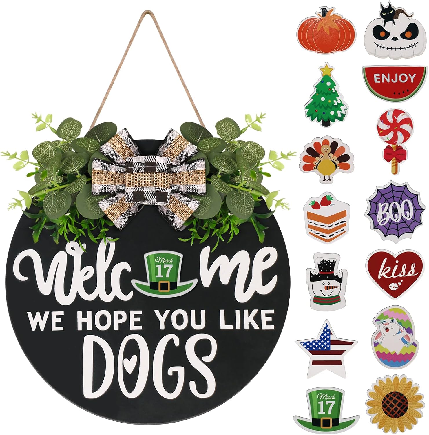Interchangeable Wooden Seasonal Welcome Sign, Rustic Round Dogs Sign Front Door...