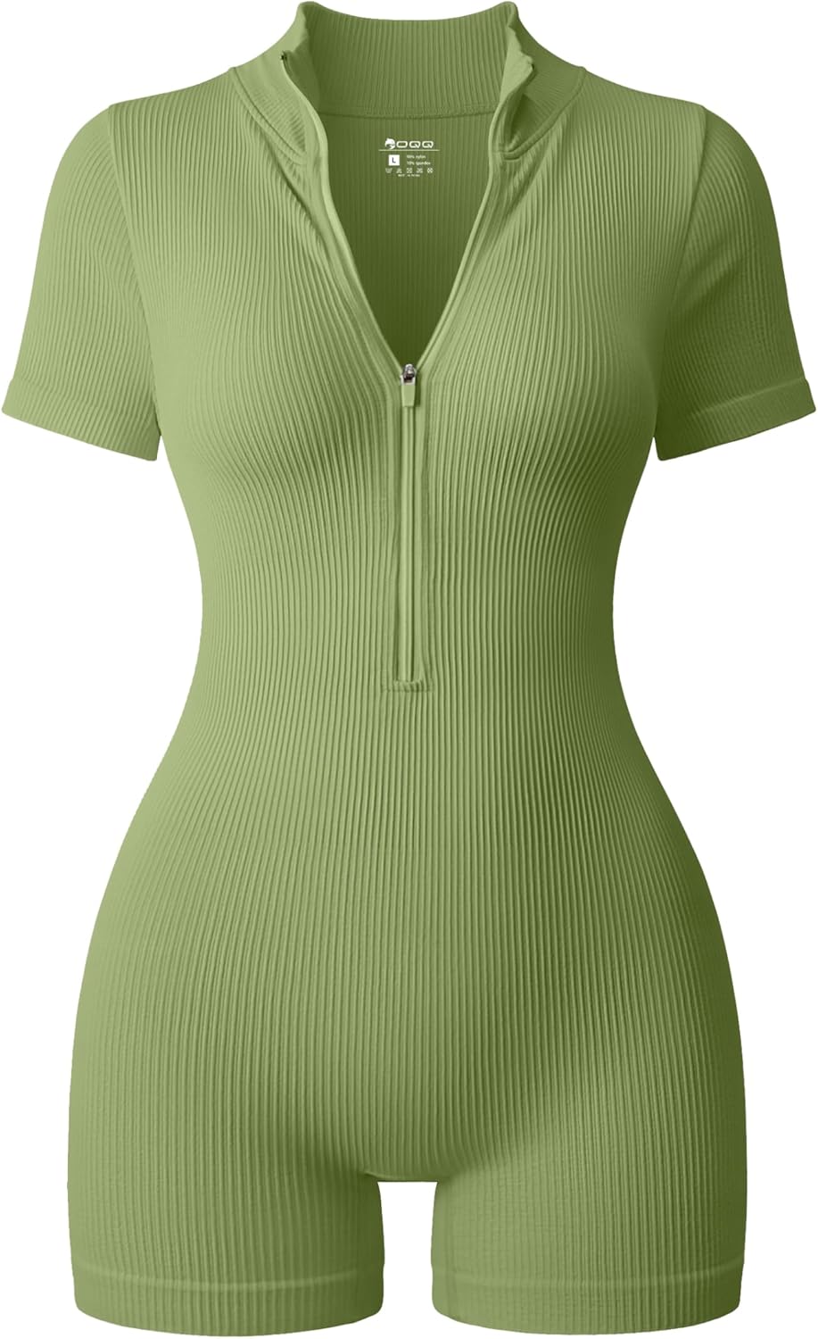 OQQ Women Rompers Ribbed Short Sleeve Zip Front Stretch Tummy Control Yoga Worko...