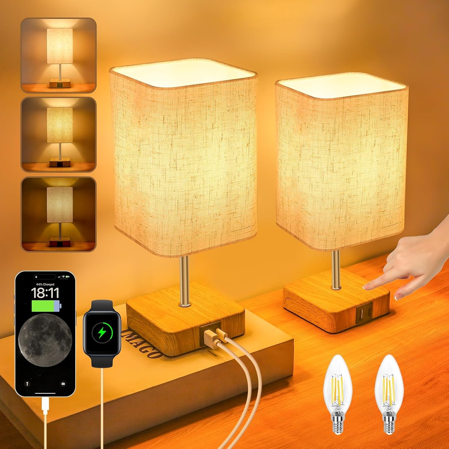 Touch Bedside Table Lamp Set of 2, Dimmable Touch Control Nightstand Lamps with...