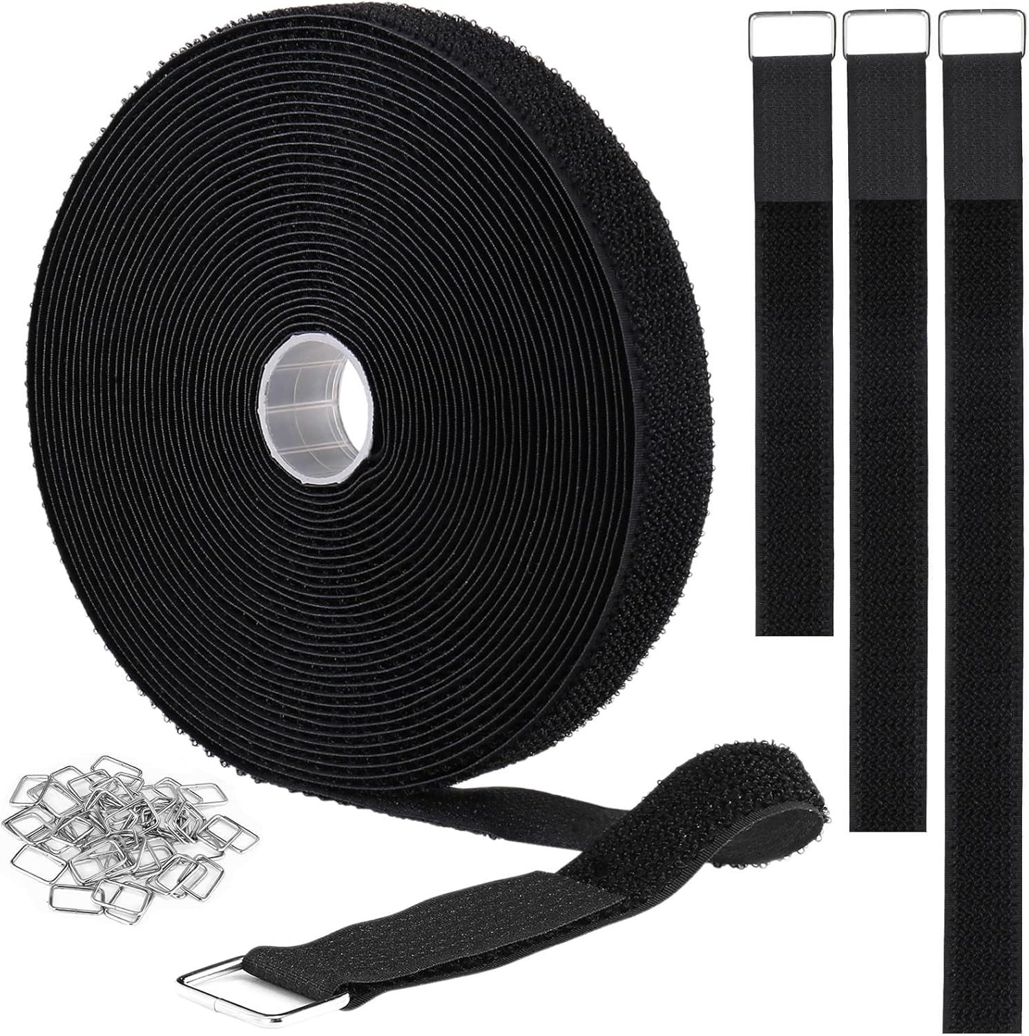 1"x32ft Hook and Loop Straps with 50 Metal Buckles, Adjustable Fastening Cable S...