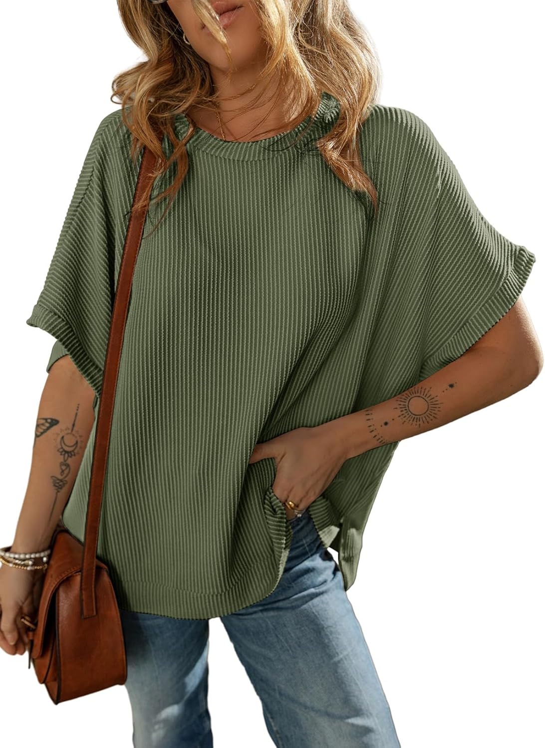 Dokotoo Women's Casual Oversized Short Sleeve Solid Color Loose Texture Knit Tun...