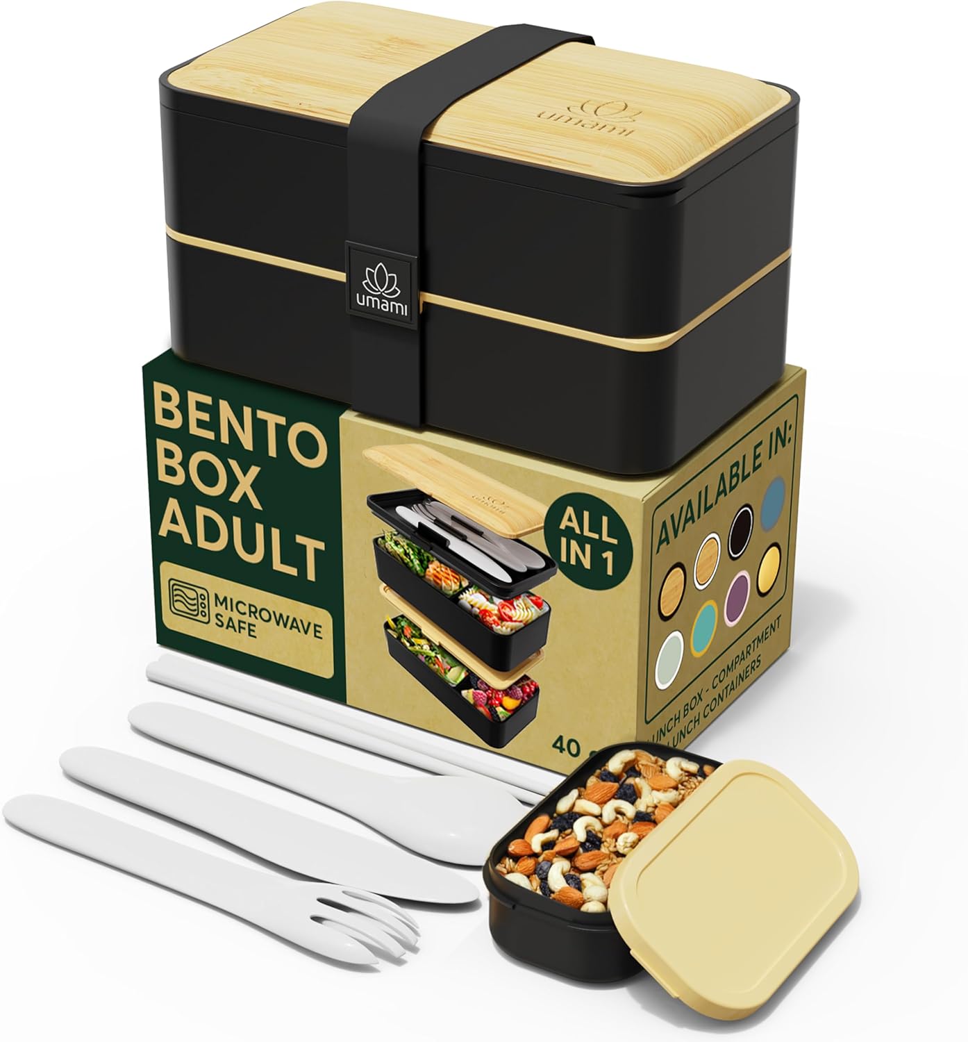 Umami Bento Box Adult All-In-1 w/4 Utensils, Big Sauce Jar, 2 Dividers, 100% Lea...