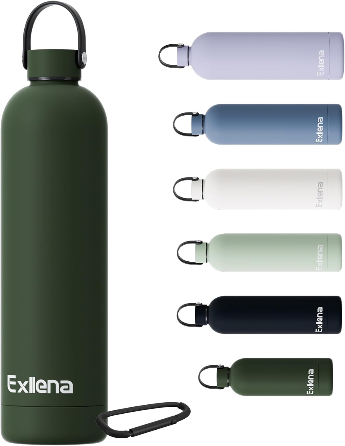 Exllena 1l Water Bottles Metal with Handle Lid and Carabiner, Double Wall Vacuum...