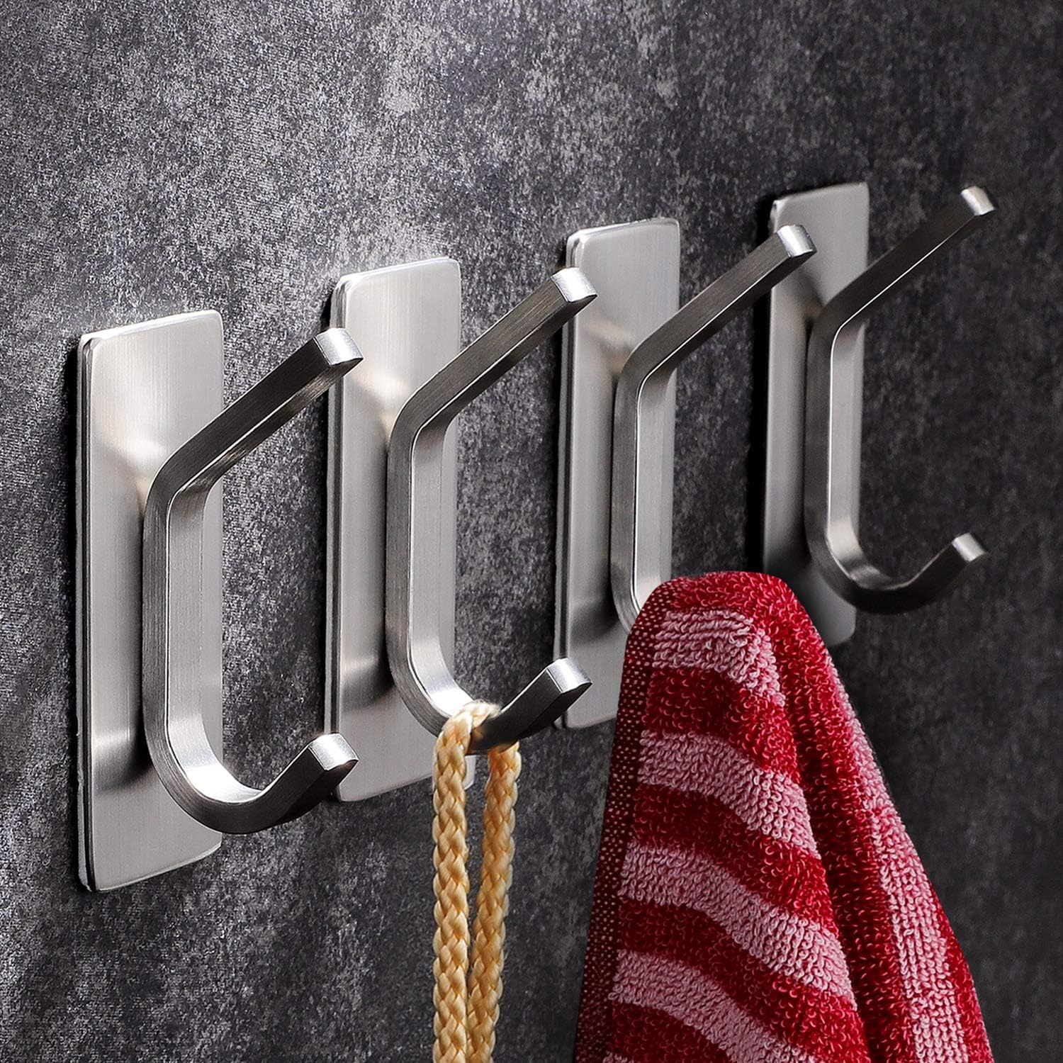 YIGII Adhesive Hooks - 4 Packs Towel Hook Stainless Steel Coat Hook for Bathroom...