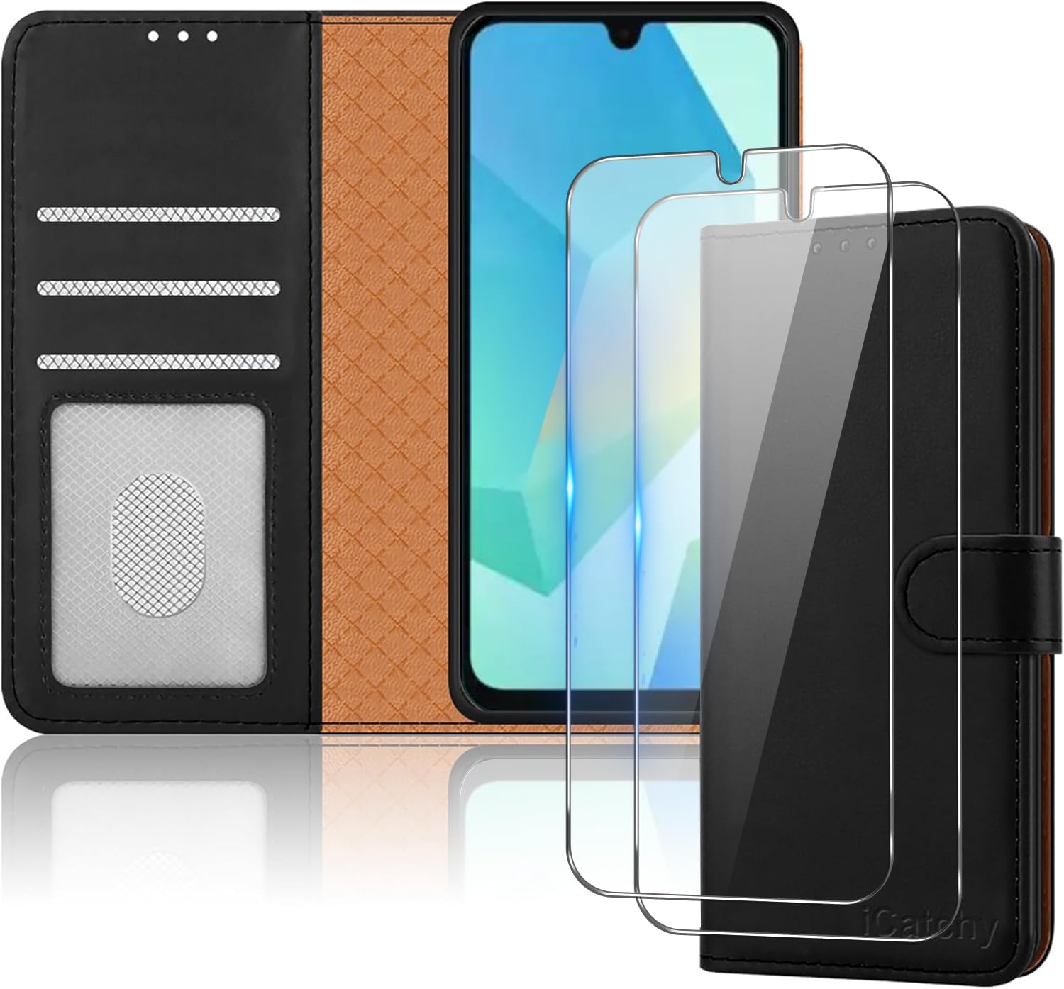 iCatchy for Samsung A16 Case with 2x Screen Protector Leather Magnetic Flip Cove...