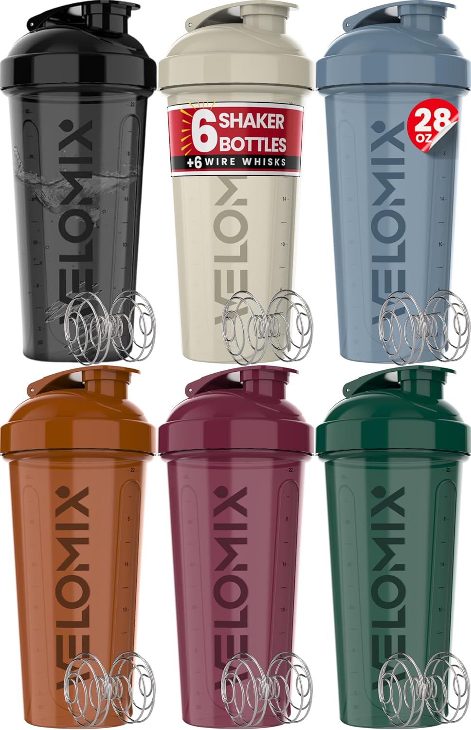-6 PACK- Shaker Cups for Protein Shakes 28 oz - 6x Wire Whisk | Leak Proof Prote...