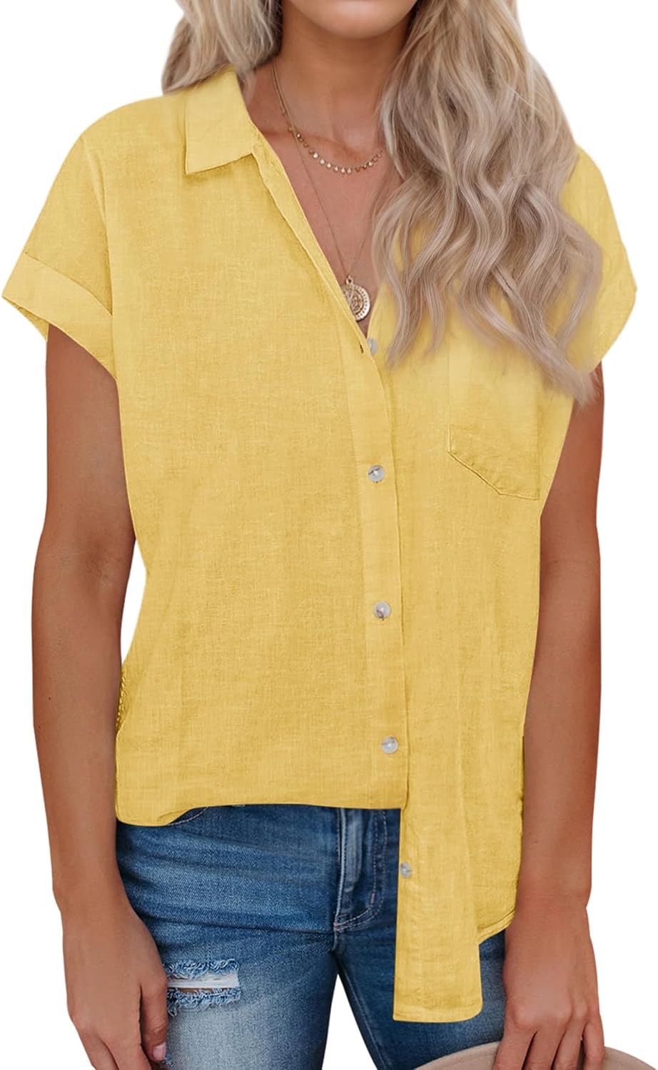 siliteelon Linen Shirts for Women Button Down Shirts Short Sleeve Cotton Collare...