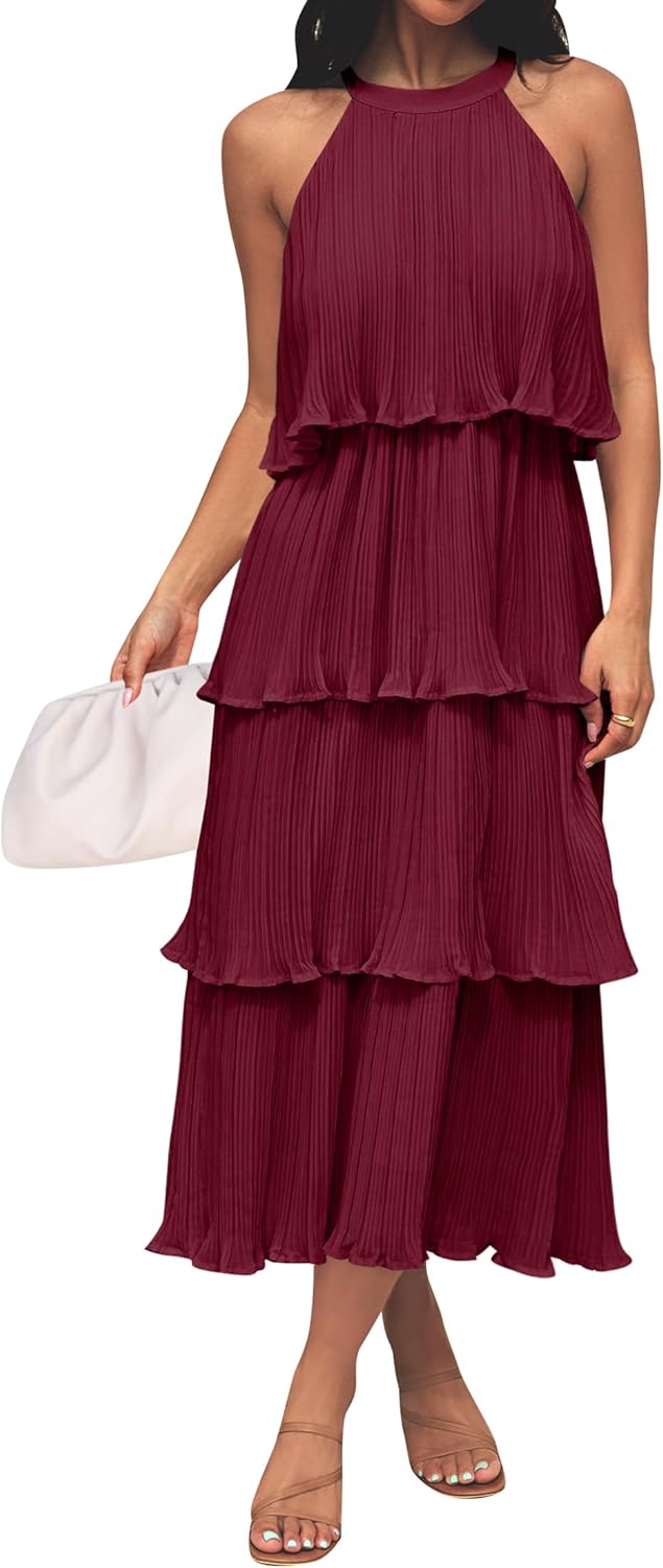 ZESICA Women's 2025 Summer Sleeveless Halter Neck Ruffle Tiered Layed Chiffon Fl...
