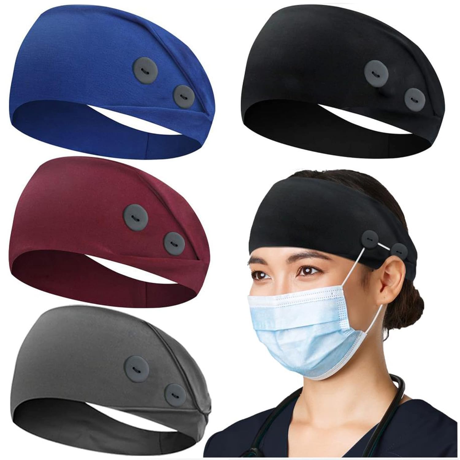 ABAMERICA Headbands with Button for Mask, Wide Nurses Headbands Non Slip Elastic...