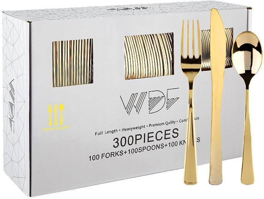 WDF300 Pieces Gold Plastic Silverware - Heavy Duty Disposable Gold Cutlery Set P...