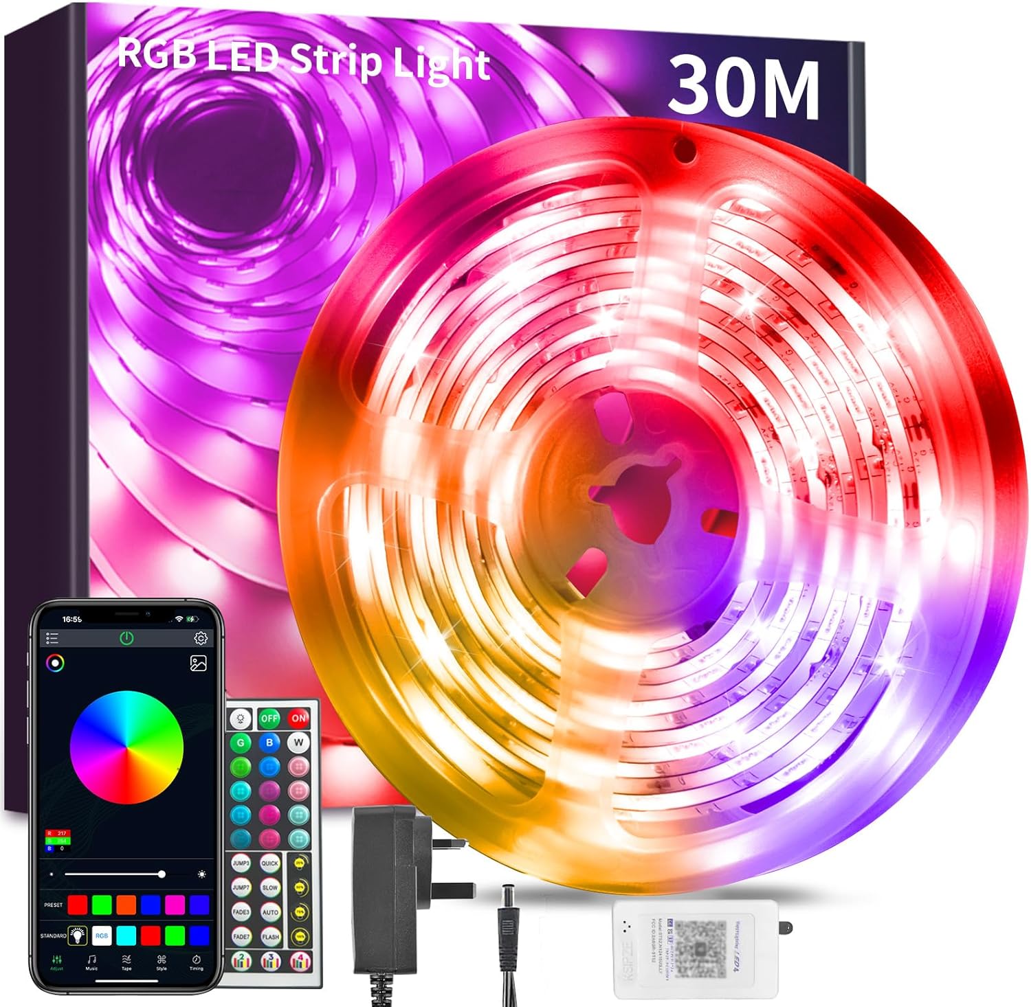 BATHEBRIGHT 30M Led Strip Lights Music Sync RGB Bluetooth Color Changing Flexibl...
