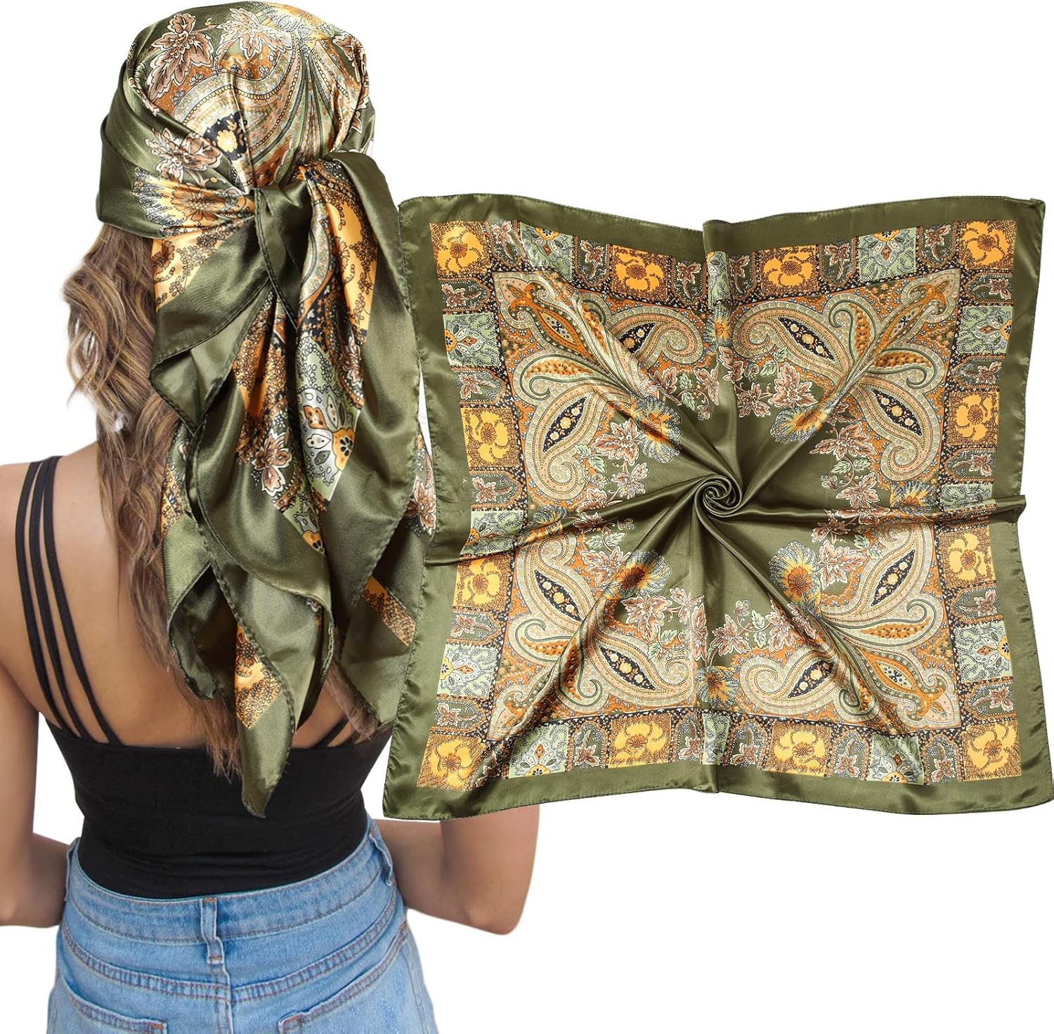 AWAYTR Satin Silk Scarf - Large Hair Bandana, Sleeping Wrap for Women Cashew(dee...