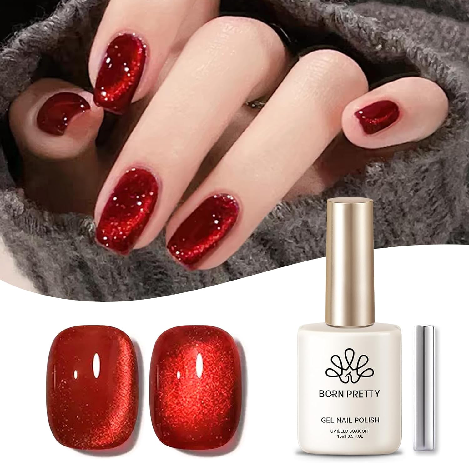 BORN PRETTY Magnetic Gel Nail Polish 15ml Red Iridescent Glitter Gel Polish Cat...
