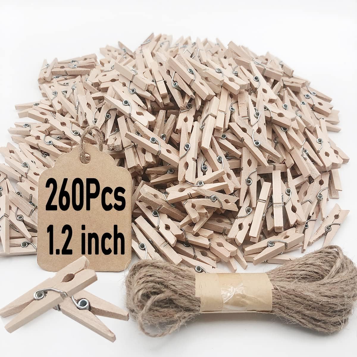 Mini Clothes Pins, 260 PCS Small Wooden Clothes Pins with Jute Twine, Clothespin...