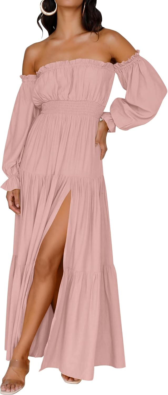 ZESICA Women's 2025 Boho Sexy Off Shoulder Long Sleeve Smocked High Waist Side S...