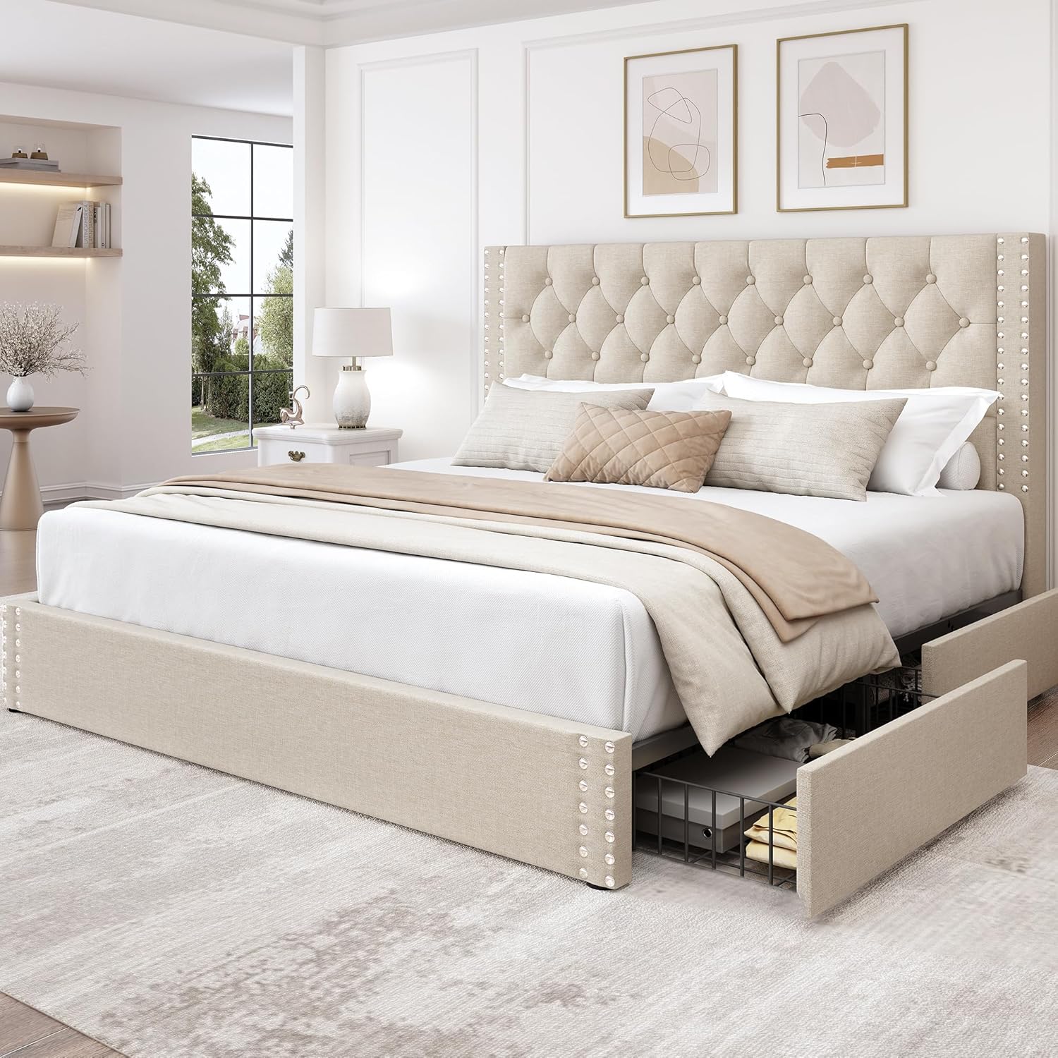 King Size Platform Bed Frame with 4 Storage Drawers and Headboard Linen Upholste...