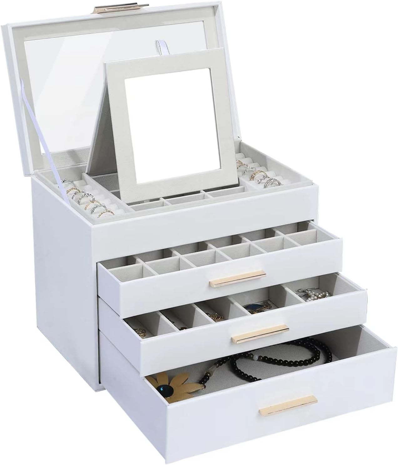 Jewelry Box with Glass Lids, 4 Layer Large Jewelry Holder Organizer with Mirror,...